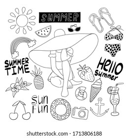 Handgezeichnet doodle Sommer auf weißem Hintergrund. Mädchen in einem Strohhut. Sticker, Dekoration, Vorlagen für Dekoration. Badeanzug, Erdbeeren, Sonne, Eis, Sommereigenschaften. Vektorillustration.