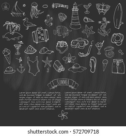 Hand drawn doodle summer set icons Vector illustration Sketchy summer holiday elements collection Isolated vacation objects Cartoon summer beach journey symbols Summertime traveling background 