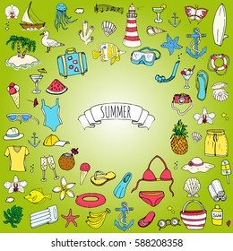 Hand drawn doodle summer set icons Vector illustration Sketchy summer holiday elements collection Isolated vacation objects Cartoon summer beach journey symbols Summertime traveling background 