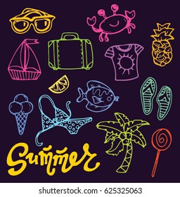 Hand drawn doodle summer set. Vector illustration