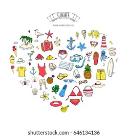 Hand drawn doodle summer set icons. Vector illustration Sketchy vacation elements collection. Isolated objects Cartoon beach journey symbols.