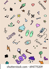 Hand drawn doodle summer set icons Vector illustration Sketchy summer holiday elements collection Isolated vacation objects Cartoon summer beach journey symbols Summertime traveling background