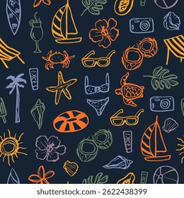Hand drawn doodle summer vacation seamless pattern