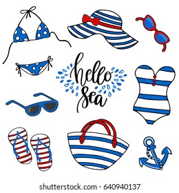Hand drawn doodle summer vacation icons set.  Vector illustration sea and ocean adventure elements collection. Cartoon  symbols. Marine concept with swimsuit, eyeglasses, beach bag, hat, flipflops.