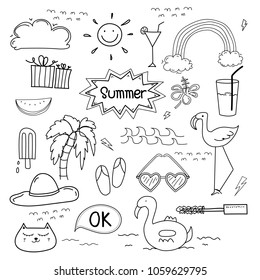 Hand Drawn Doodle Summer Vector Set. Doodle Funny Set. Handmade Vector Illustration.