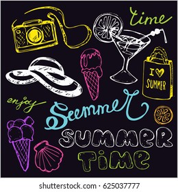 Hand drawn doodle summer vector set. Vector illustration.