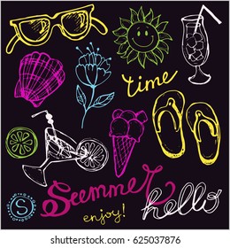 Hand drawn doodle summer vector set. Vector illustration.