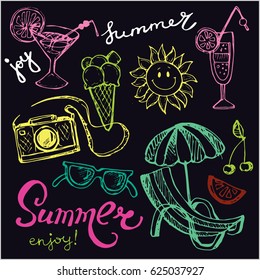 Hand drawn doodle summer vector set. Vector illustration.