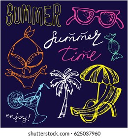 Hand drawn doodle summer vector set. Vector illustration.