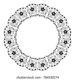 Hand drawn doodle summer wreath coloring pattern. Monochrome round frame design element for your artwork