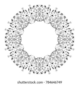 Hand drawn doodle summer wreath coloring pattern. Monochrome round frame design element for your artwork.