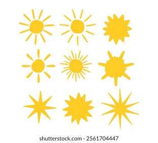 Hand drawn doodle Sun elements set. Yellow sun icons. Shine sun ray set. Sunset icon collection. Yellow sun star icons. Hot solar energy for tan. Vector illustration