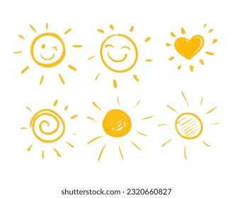 Hand Drawn Doodle Sun isolated on a White Background. Funny Kid Style. Vector.