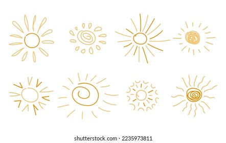Hand drawn doodle sun set. Cute yellow sunburst illustrations. Childish scribble drawing style. Vector cartoon illustration