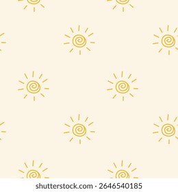 Hand drawn doodle sunny seamless pattern. Minimalistic vector background with abstract linear yellow sun.