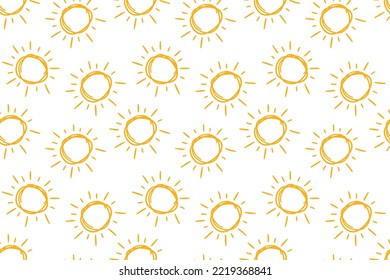 Hand drawn doodle suns seamless pattern. Children drawing of yellow sun. Baby summer simple texture. Vector illustration in white background.