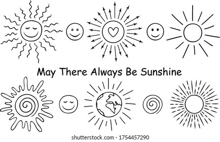 Hand drawn doodle suns set. Outline drawing of a cute cartoon sun. Graphic vector illustration for cards, posters, stickers, textile and professional design. Black lines isolated on a white background