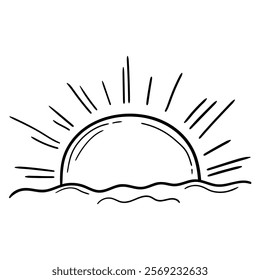 Hand drawn doodle sunset by the sea isolated on white background. Vector illustration.