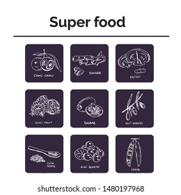 Hand drawn doodle super food. Vector illustration. Isolated elements on chalkboard background. Symbol collection.
