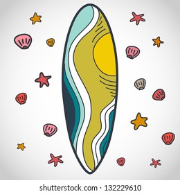Hand drawn doodle surfboard. Vector summer illustration.