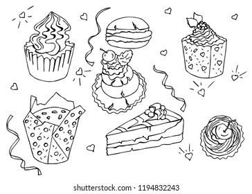 Hand drawn doodle Sweets set in vector. Scetchy set collection isolated. Desserts on white background.