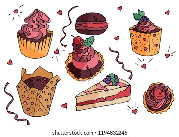 Hand drawn doodle Sweets set in vector. Scetchy set collection isolated. Desserts on white background.