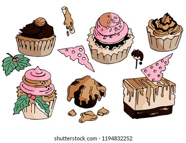 Hand drawn doodle Sweets set in vector. Scetchy set collection isolated. Desserts on white background.