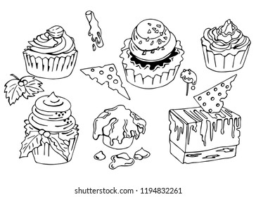 Hand drawn doodle Sweets set in vector. Scetchy set collection isolated. Desserts on white background.