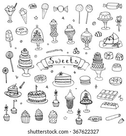 Hand drawn doodle Sweets set Vector illustration Sketchy Sweet food icons collection Isolated desert symbols on white background Cupcake Macaron Chocolate bar Candy Cake Pie Pastry Lollipop Pastry