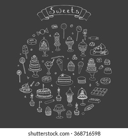 Hand drawn doodle Sweets set Vector illustration Sketchy Sweet food icons collection Isolated desert symbols on white background Cupcake Macarons Chocolate bar Candy Cake Pie Pastry Lollipop Pastry