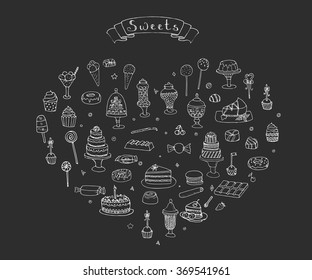 Hand drawn doodle Sweets set Vector illustration Sketchy Sweet food icons collection Isolated desert symbol on chalkboard background Cupcake Macaron Chocolate bar Candy Cake Pie Pastry Lollipop Pastry