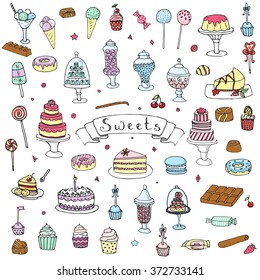 Hand drawn doodle Sweets set Vector illustration Sketchy Sweet food icons collection Isolated desert symbols on white background Cupcake Macaron Chocolate bar Candy Cake Pie Pastry Lollipop Pastry