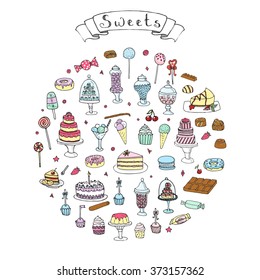Hand drawn doodle Sweets set Vector illustration Sketchy Sweet food icons collection Isolated desert symbols on white background Cupcake Macaron Chocolate bar Candy Cake Pie Pastry Lollipop Pastry