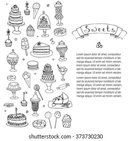 Hand drawn doodle Sweets set Vector illustration Sketchy Sweet food icons collection Isolated desert symbols on white background Cupcake Macaron Chocolate bar Candy Cake Pie Pastry Lollipop Pastry