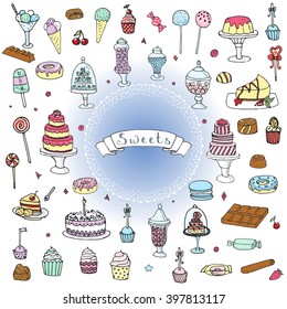 Hand drawn doodle Sweets set Vector illustration Sketchy Sweet food icons collection Isolated desert symbols on white background Cupcake Macarons Chocolate bar Candy Cake Pie Pastry Lollipop Pastry