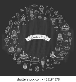 Hand drawn doodle Sweets set. Vector illustration. Sketchy Sweet food icons collection. Isolated desert symbols: Cupcake, Macarons, Chocolate bar, Candy, Cake, Pie, Pastry, Lollipop, Pastry.