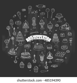 Hand drawn doodle Sweets set. Vector illustration. Sketchy Sweet food icons collection. Isolated desert symbols: Cupcake, Macarons, Chocolate bar, Candy, Cake, Pie, Pastry, Lollipop, Pastry.