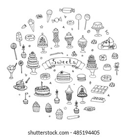 Hand drawn doodle Sweets set. Vector illustration. Sketchy Sweet food icons collection. Isolated desert symbols: Cupcake, Macarons, Chocolate bar, Candy, Cake, Pie, Pastry, Lollipop, Pastry.