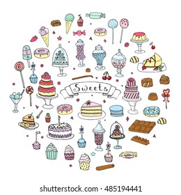 Hand drawn doodle Sweets set. Vector illustration. Sketchy Sweet food icons collection. Isolated desert symbols: Cupcake, Macarons, Chocolate bar, Candy, Cake, Pie, Pastry, Lollipop, Pastry.