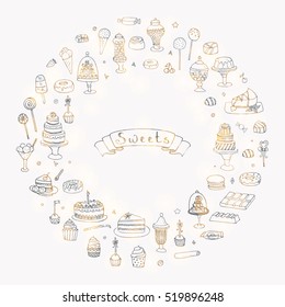Hand drawn doodle Sweets set. Vector illustration. Sketch Sweet food icons collection. Isolated cartoon desert symbols: Cupcake, Macarons, Chocolate bar, Candy, Cake, Pie, Pastry, Lollipop, Pastry.