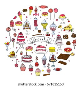Doodle dibujado a mano Sweets set. Ilustración vectorial. Esbozo colección de iconos de la comida dulce. Símbolos aislados del desierto: Pastel, Macarons, Chocolate Bar, Candy, Pastel, Pie, Pastelería, Lollipop, Pastelería.