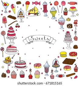 Hand drawn doodle Sweets set. Vector illustration. Sketchy Sweet food icons collection. Isolated cartoon desert symbols: Cupcake, Macarons, Chocolate bar, Candy, Cake, Pie, Pastry, Lollipop, Pastry.