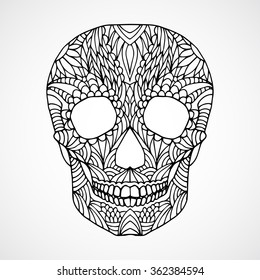 Hand drawn doodle swirled human skull