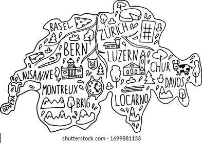 hand drawn doodle Switzerland map. Swiss city names lettering and cartoon landmarks, tourist attractions cliparts. travel, trip comic infographic poster. Bern, Zurich, lake, temple. svg