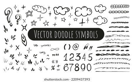 Símbolos de doodle dibujados a mano, números y pinceles. Signos matemáticos y signos de puntuación, estrellas, nube, pincel de patrón.