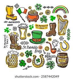 Desenho desenhado à mão de Símbolos do Dia de São Patrício. Uma celebração festiva da cultura irlandesa, sorte e alegria. Grande conjunto de ilustração vetorial.