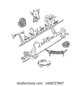 Hand drawn doodle tanzania. Vector illustration. Isolated elements on white background. Symbol collection.