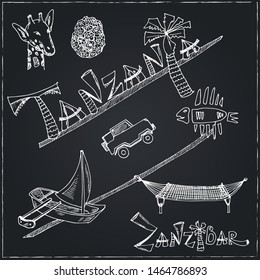 Hand drawn doodle tanzania. Vector illustration. Isolated elements on chalkboard background. Symbol collection.