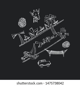 
Hand drawn doodle tanzania. Vector illustration. Isolated elements on chalkboard background. Symbol collection.
