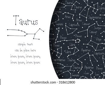 Hand drawn doodle Taurus astrological sign card, brochure, booklet, cover. Astrological horoscope background